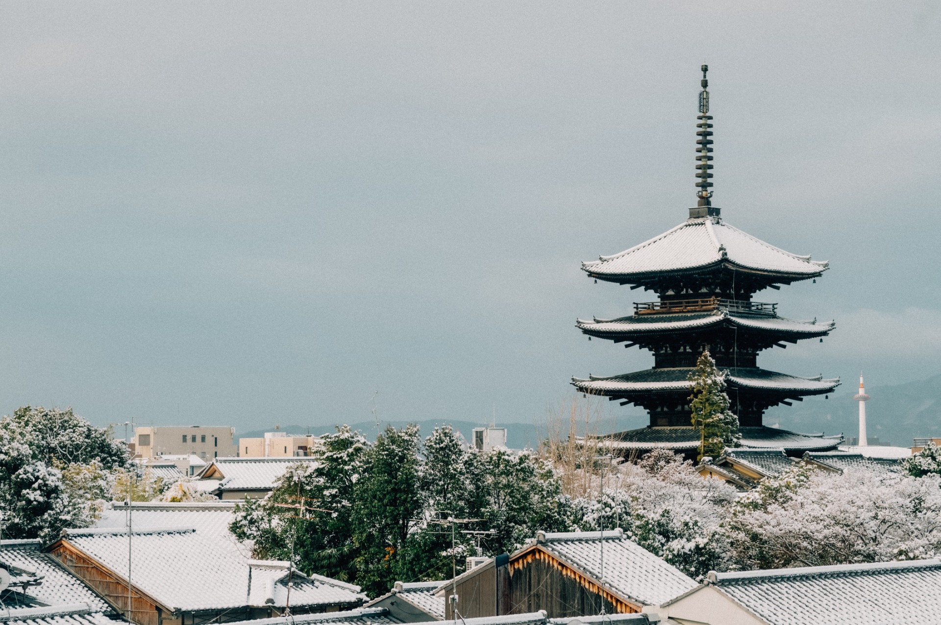 Vista de una pagoda cubierta de nieve