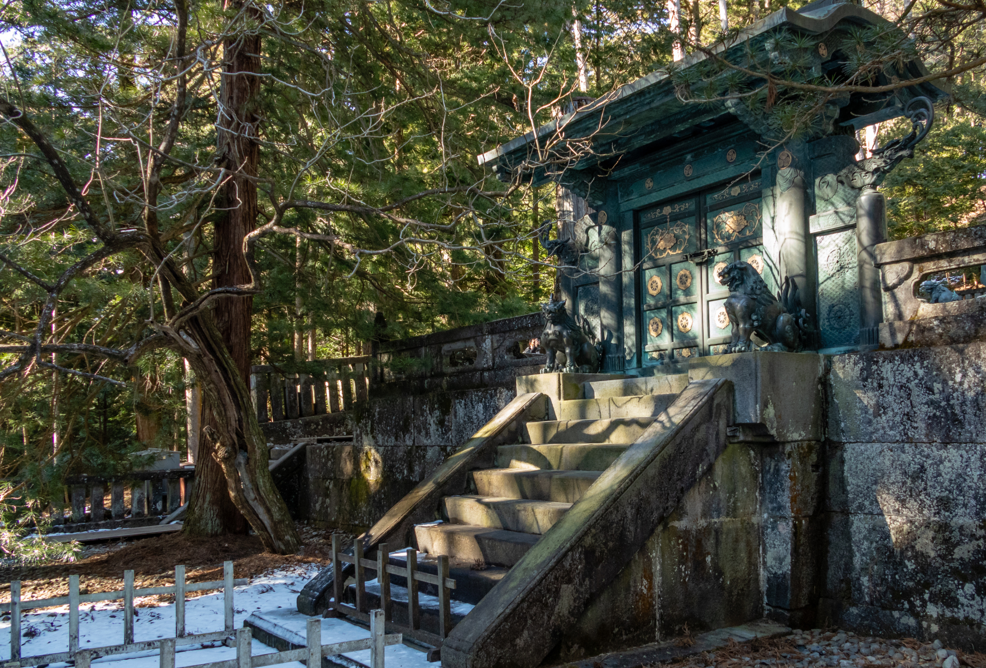 Puerta del santuario Tōshōgū en Nikkō rodeada de cedros