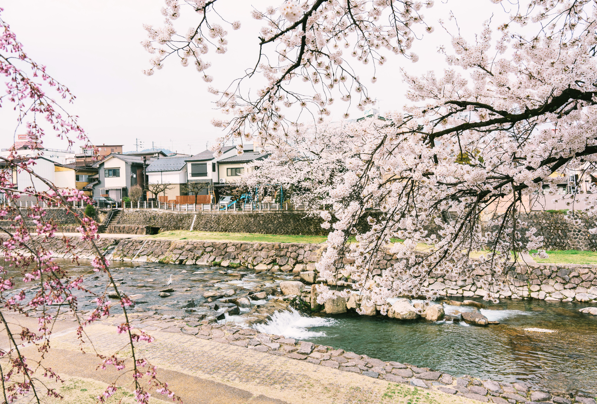 Puente Kajibashi junto al mercado matutino de Miyagawa en Takayama