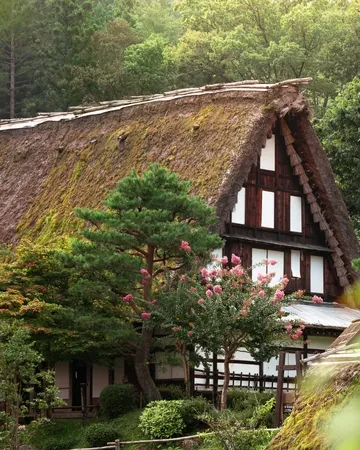 Casa gassho-zukuri de tejado de paja entre árboles en flor, en Shirakawa-go