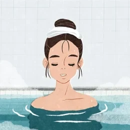 Ilustración de Iko de una chica relajada en un onsen