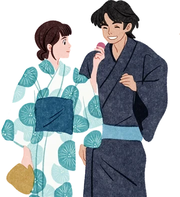 Ilustración de Iko de una pareja en yukata compartiendo un dulce japonés