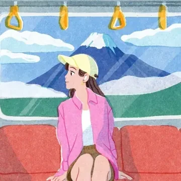 Ilustración de Iko de una viajera en tren mirando el monte Fuji