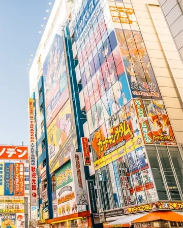 Calle principal de Akihabara con edificios cubiertos de carteles de anime y videojuegos, Tokio