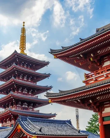 Pagoda de cinco pisos y puerta del templo Senso-ji en Asakusa, Tokio