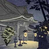 Ilustración de Iko de un templo budista iluminado por faroles de noche